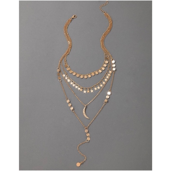 Boho Gold tone Stars Moons Multilayer Necklace - Picture 2 of 3